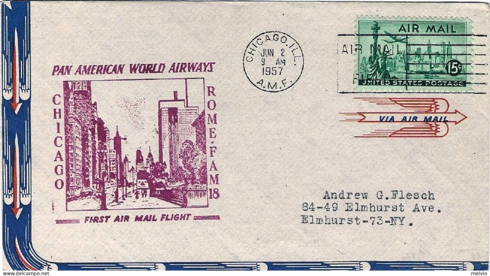 1957-U.S.A. Cachet Vinaceo I^volo FAM 18 Chicago Roma Del 2 Giugno - Other & Unclassified
