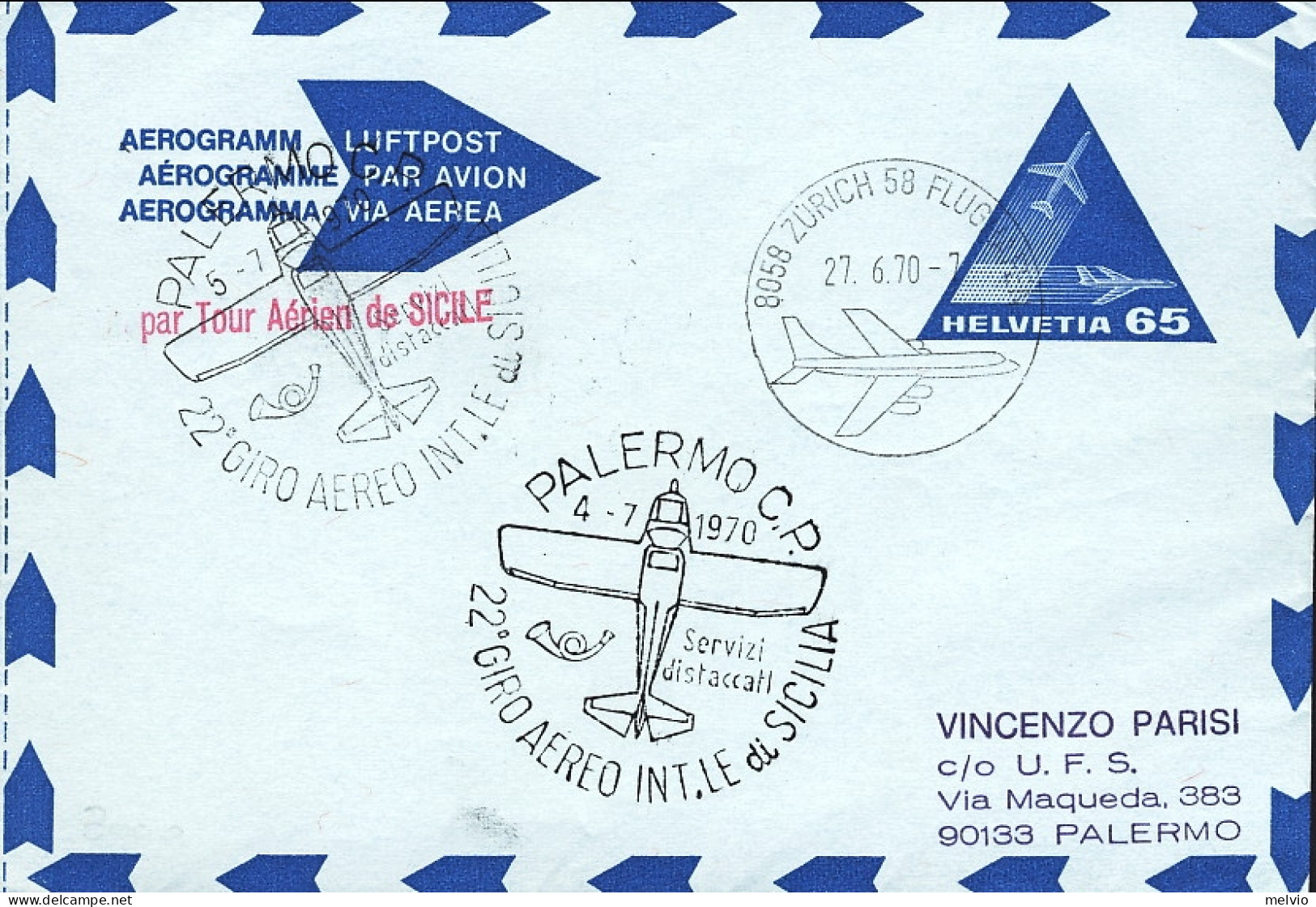 1970-Svizzera Per Il 22^ Giro Aereo Internazionale Di Sicilia Del 4 Luglio - Primeros Vuelos