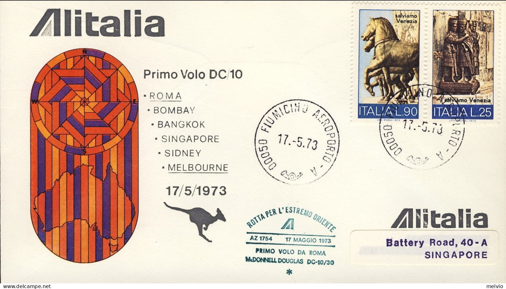 1973-Alitalia I^volo DC 10 Roma Singapore Del 17 Maggio,rotta Per L'estremo Orie - Singapore (1959-...)