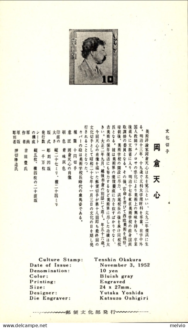 1952-Giappone Japan 10y.Okakura Tenshin Su Fdc Illustrata+cachet E Cartoncino Es - FDC