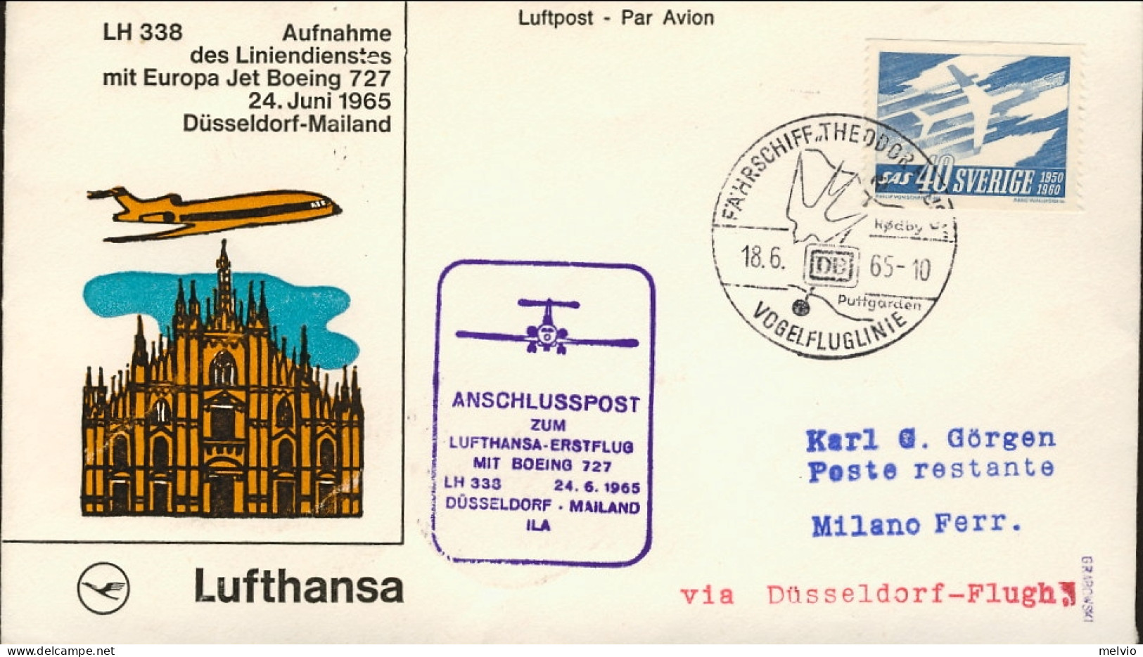 1965-Svezia I^volo Lufthansa Dusseldorf Milano Del 24 Giugno Posta Dalla Svezia, - Sonstige & Ohne Zuordnung