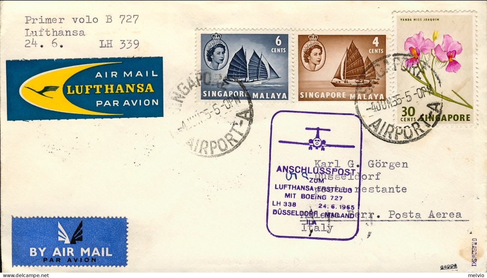 1965-Singapore I^volo Lufthansa Dusseldorf Milano Del 24 Giugno - Singapour (1959-...)