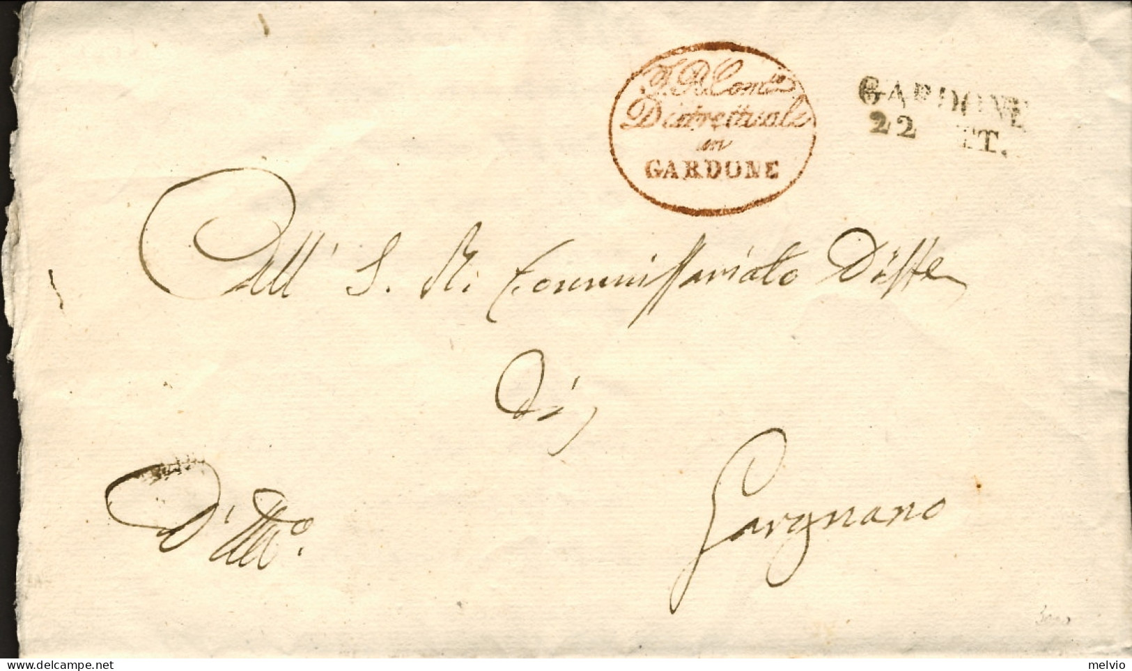 1847-ovale Rosso I.R.Comm.io Distrettuale In Gardone (Brescia) +lineare Gardone  - ...-1850 Préphilatélie