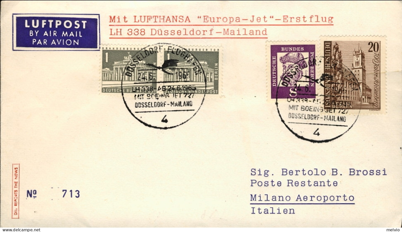 1965-Germania I^volo Lufthansa Dusseldorf-Milano Del 24 Giugno,posta Da Berlino - Briefe U. Dokumente