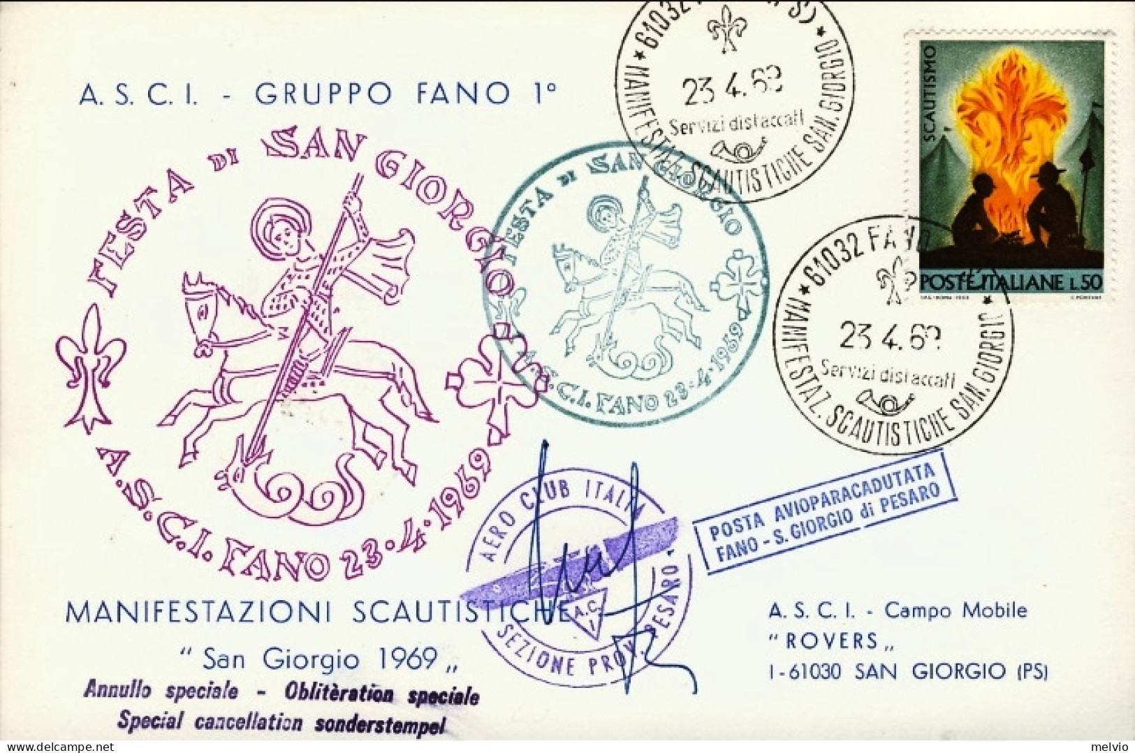 1969-cartolina Posta Avioparacadutata Fano-San Giorgio Annullo Speciale Manifest - 1961-70: Poststempel