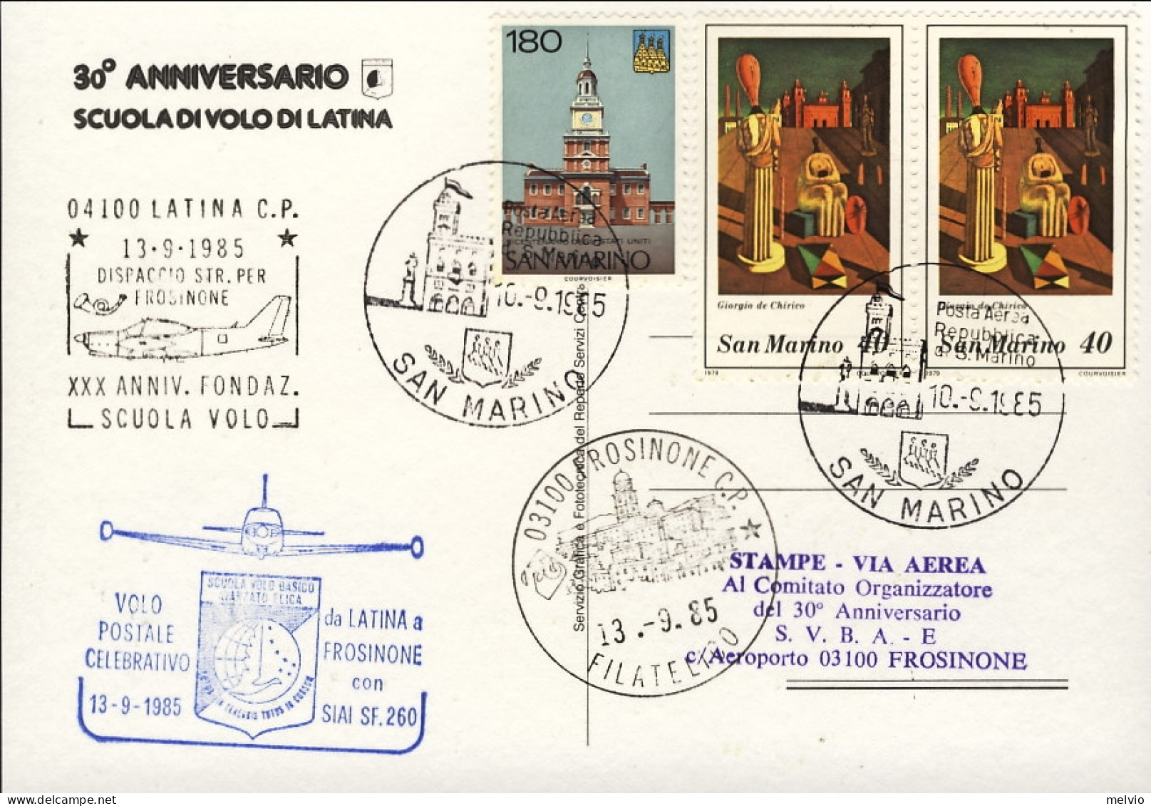 San Marino-1985 Cartolina Illustrata 30 Anniversario Scuola DI^volo Di Latina Di - Corréo Aéreo