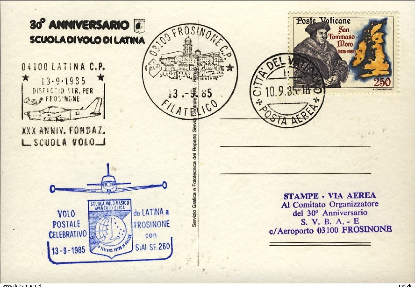 Vaticano-1985 Cartolina Illustrata 30 Anniversario Scuola DI^volo Di Latina Disp - Poste Aérienne