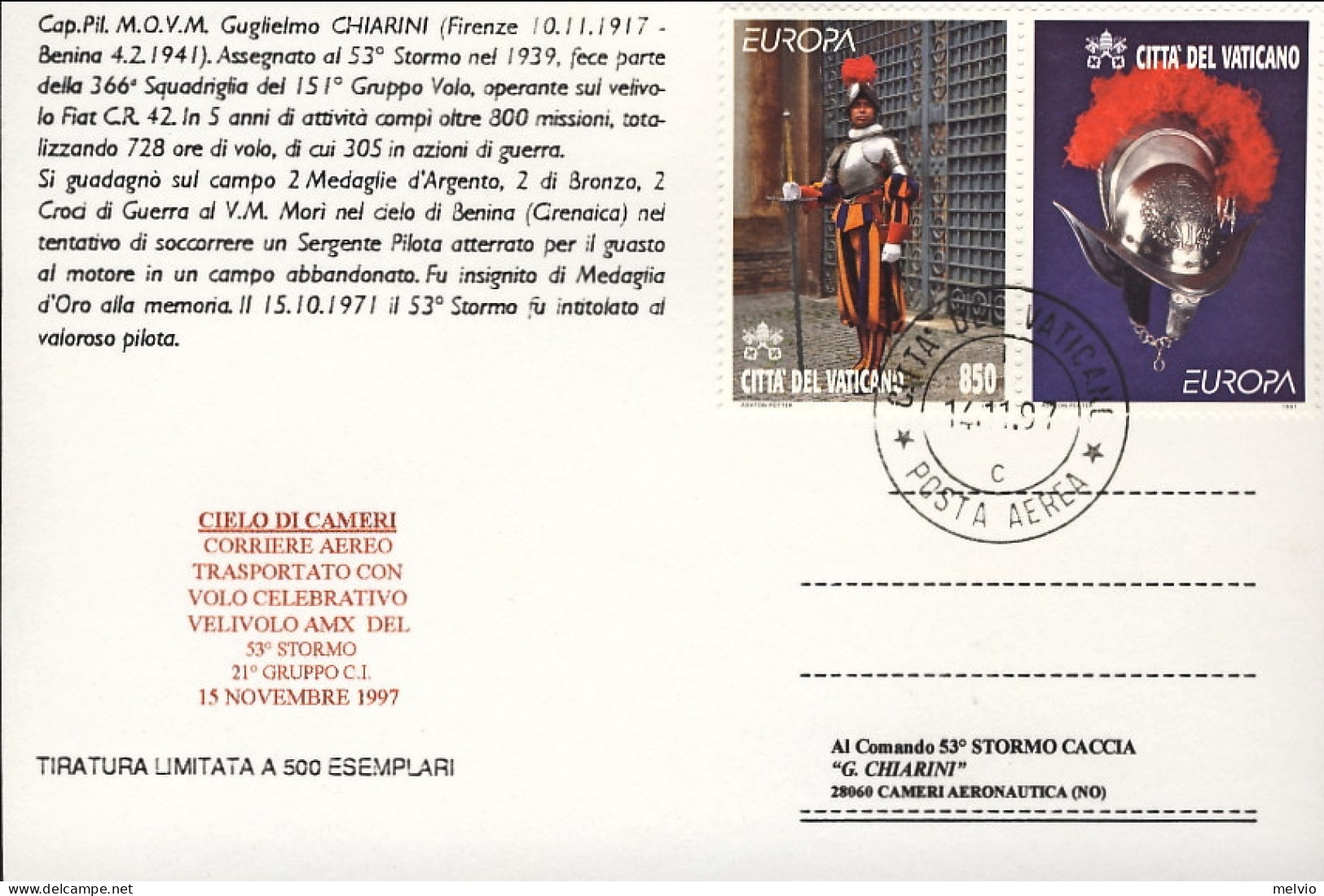 Vaticano-1997  Cartolina Commemorativa Capitano Pilota Guglielmo Chiarini, Bollo - Poste Aérienne