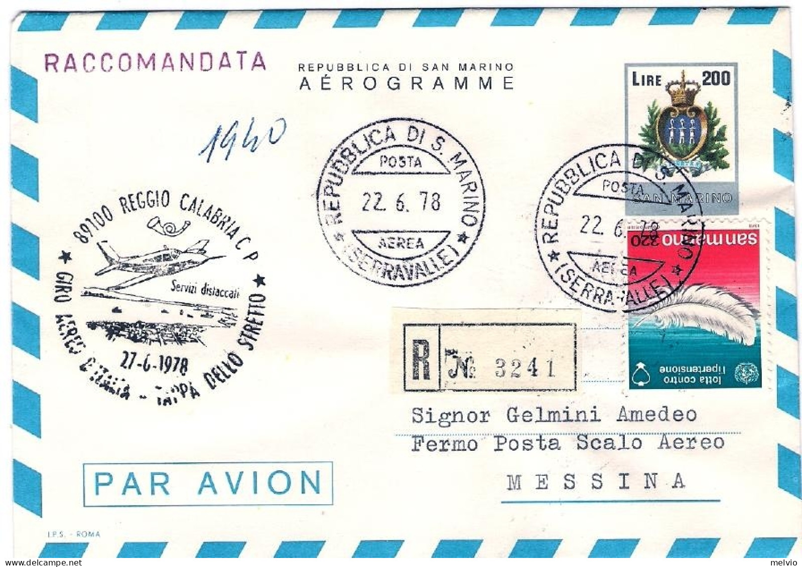 San Marino-1978 Raccomandata Con Bollo Del Giro Aereo D'Italia Tappa Dello Stret - Corréo Aéreo