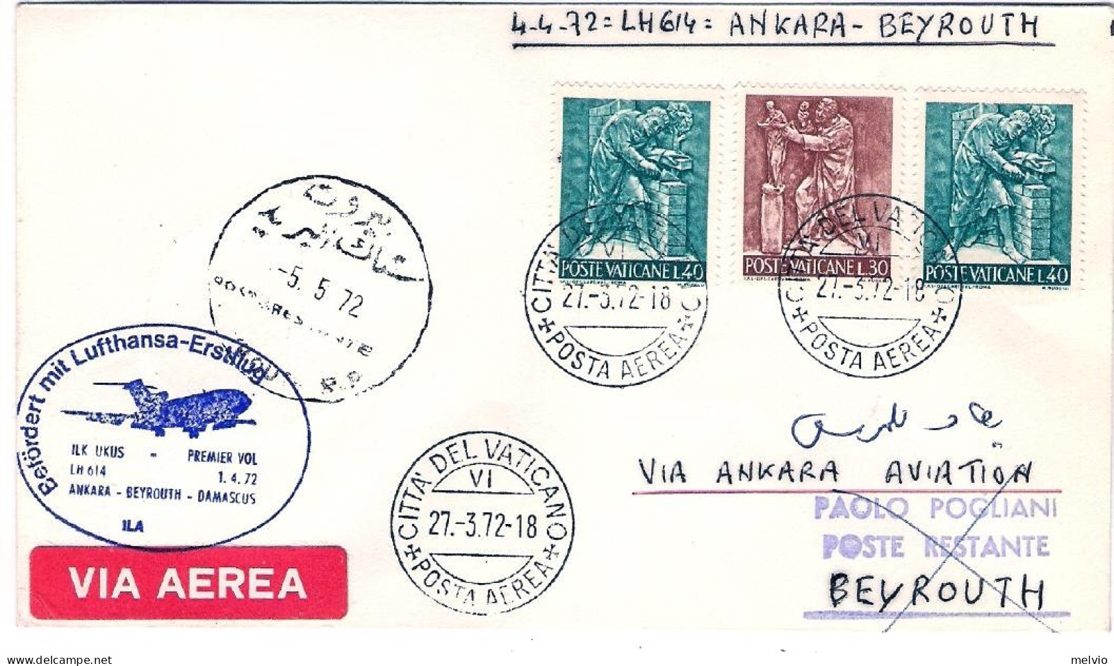 Vaticano-1972 I^volo Lufthansa Boeing LH 614 Ankara Beyrouth Del 1 Aprile - Poste Aérienne