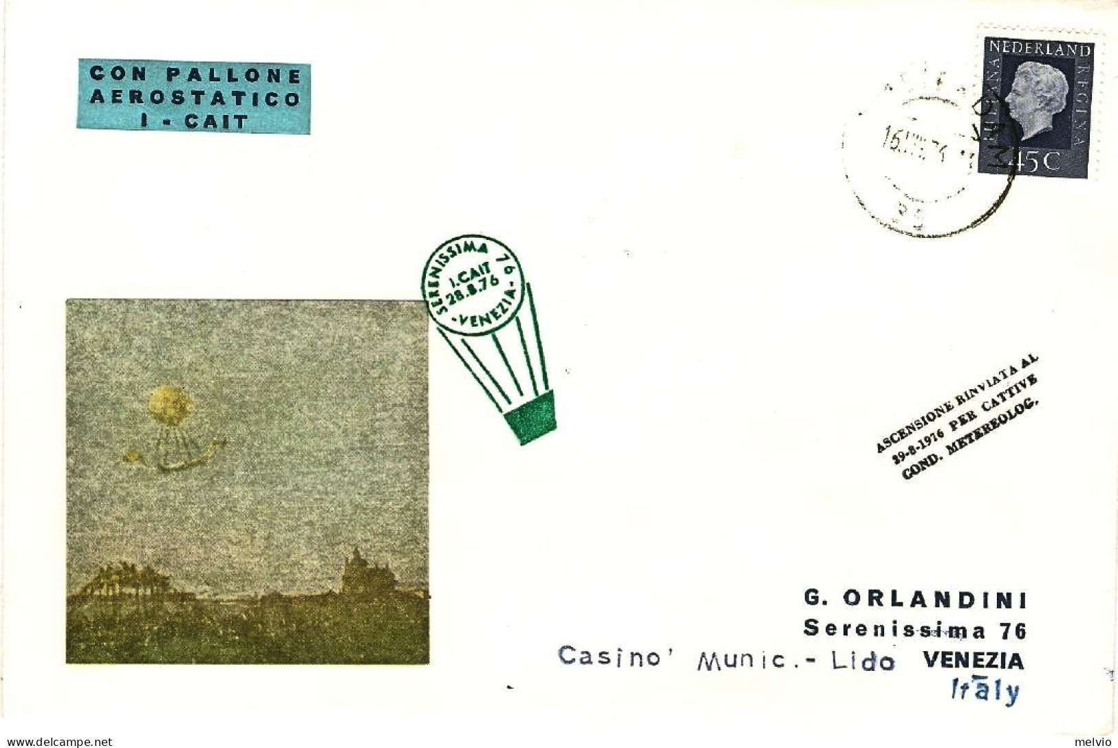 1976-Holland Nederland Olanda Volo Speciale Aerostatico I-CAIT Per Serenissima ' - Airmail