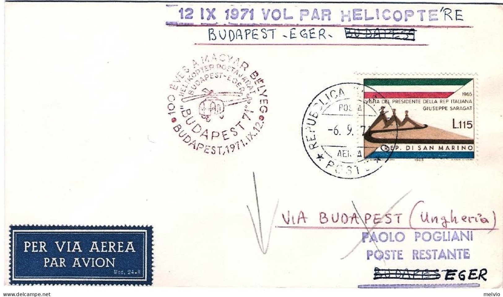 San Marino-1971 Con Annullo Del Volo Speciale Per Elicottero Budapest Eger Del 1 - Corréo Aéreo