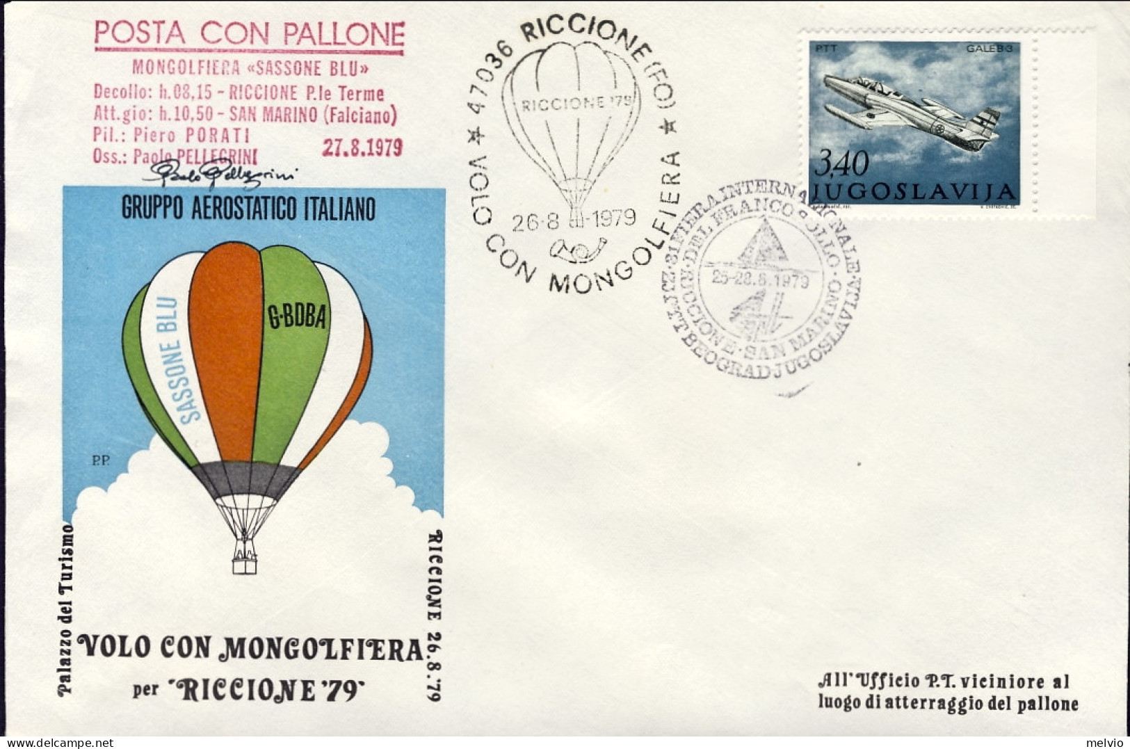 San Marino-1979-Jugoslavija Jugoslavia ,bollo Amaranto Posta Con Pallone Mongolf - Airmail