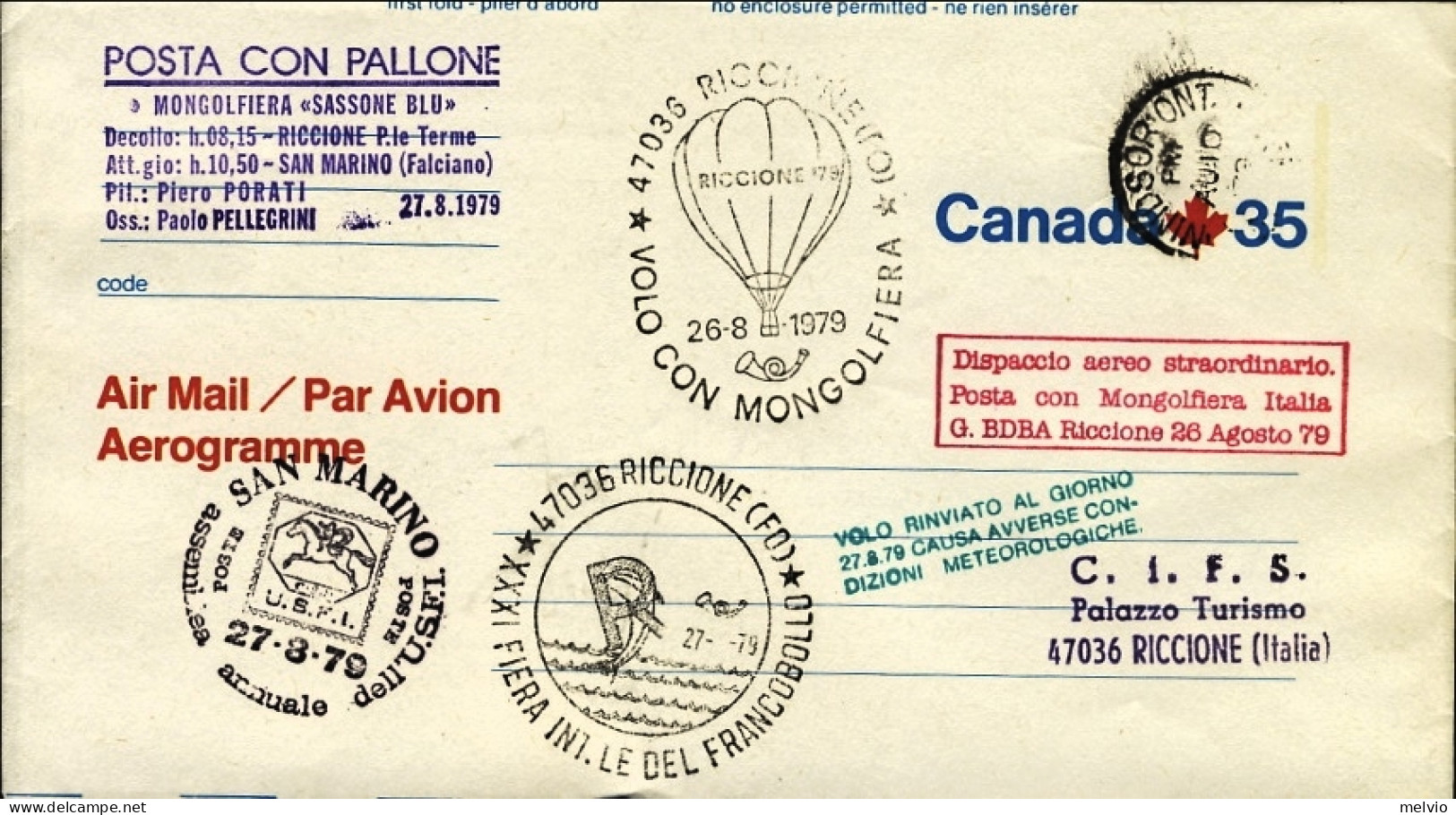 San Marino-1979-Canada ,bollo Amaranto Posta Con Pallone Mongolfiera Sassone Blu - Erst- U. Sonderflugbriefe