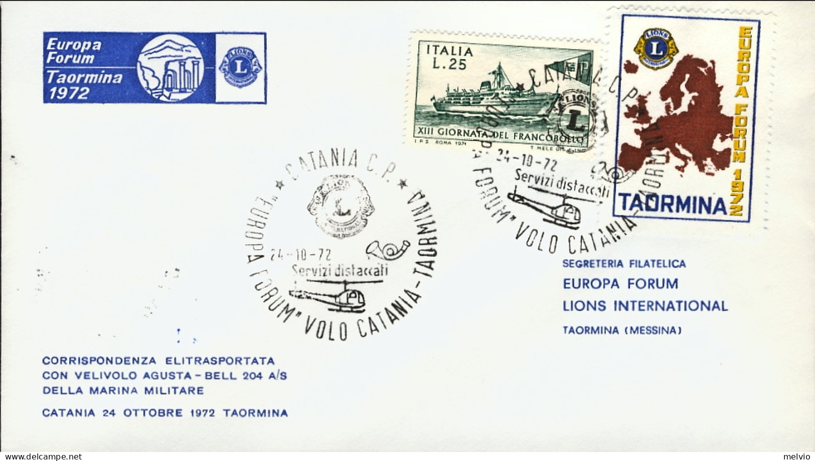 1972-cachet Lions + Erinnofilo Catania Europa Forum Volo Eliotrasportato Catania - Erinnophilie