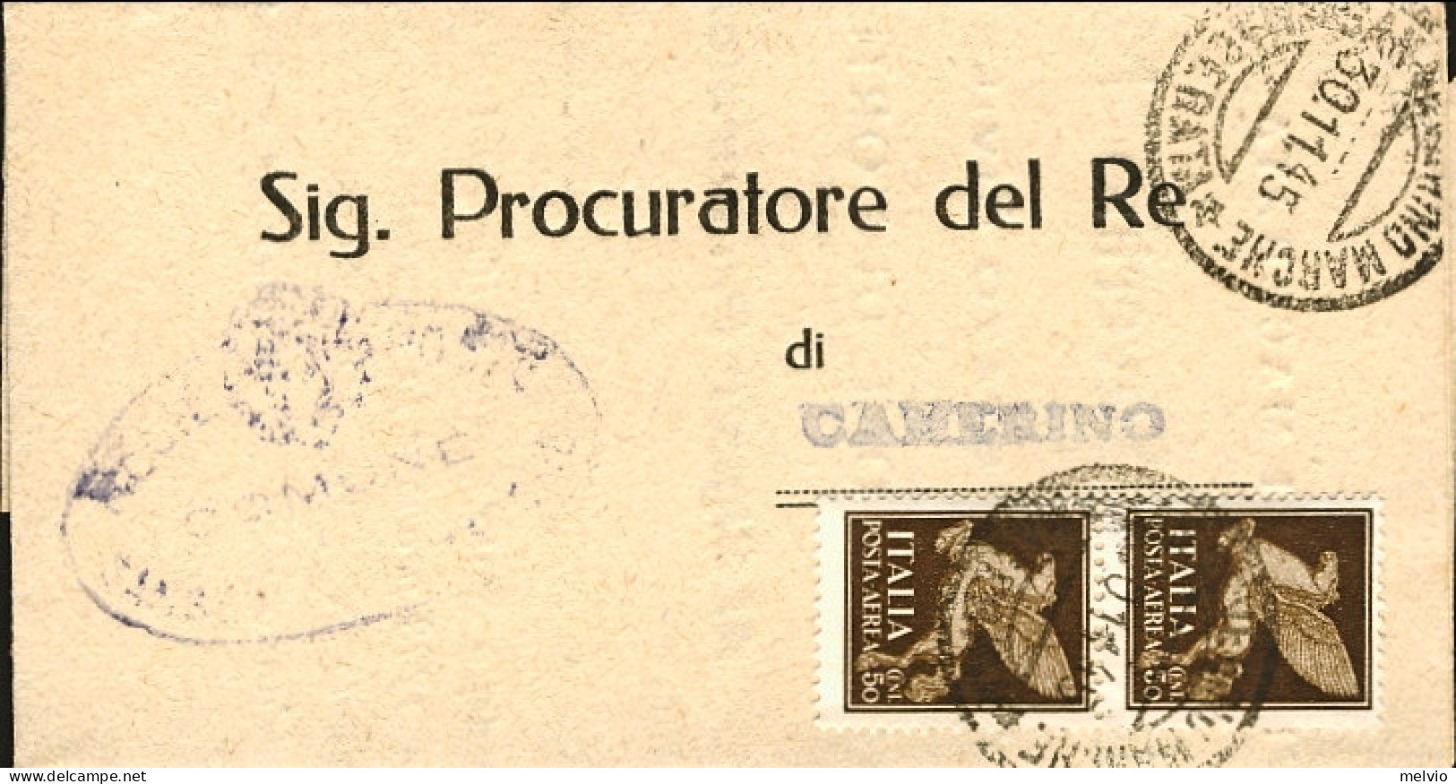 1945-piego Comunale Affrancato Coppia Posta Aerea 50c. Pegaso Annullo Di Camerin - Storia Postale