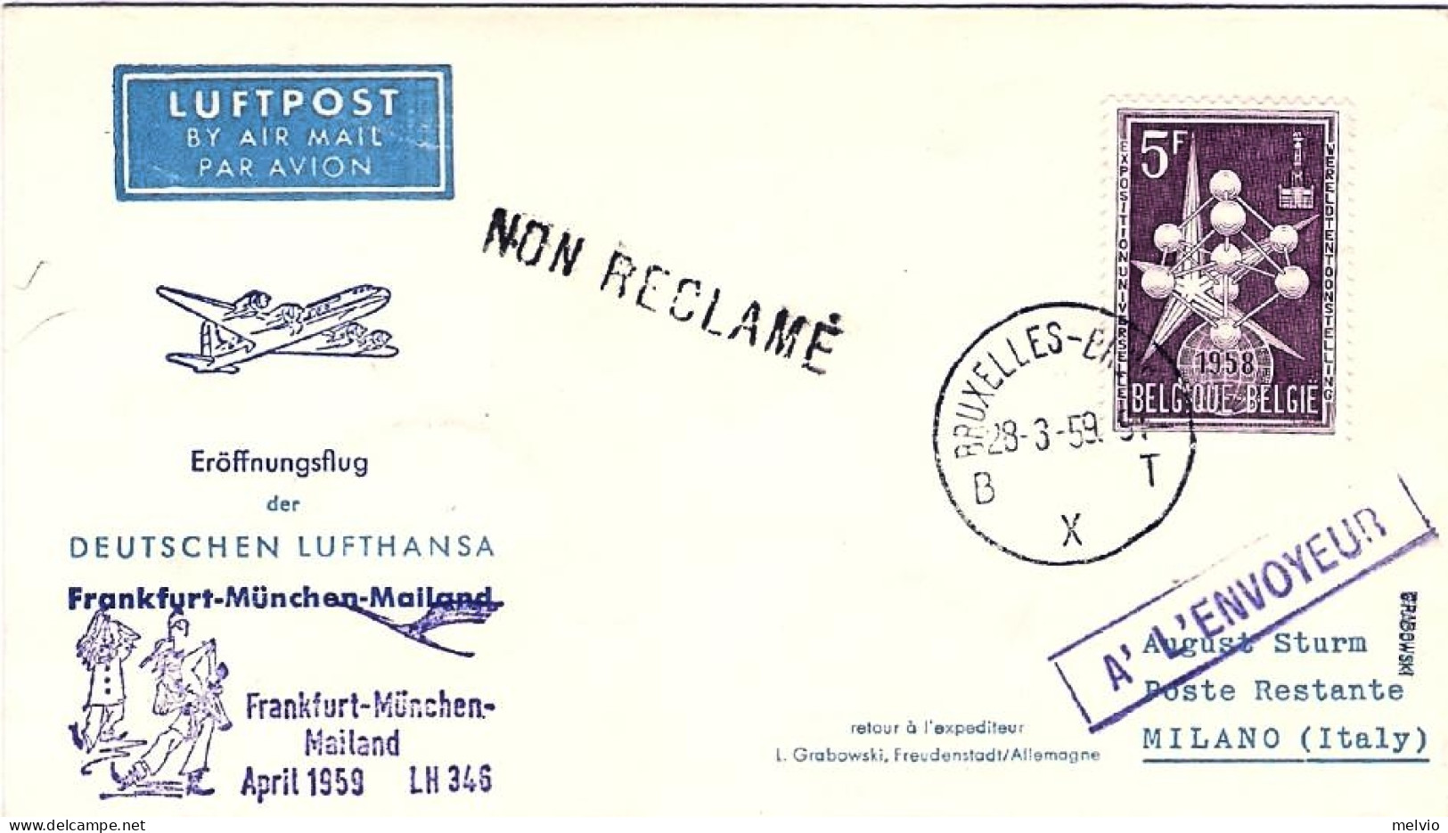 1959-Belgique Belgium Belgio Cat.Pellegrini N.928 Euro 55, I^volo Lufthansa Fran - Cartas & Documentos