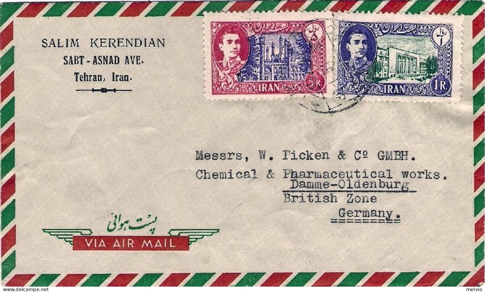 1952-Iran Lettera Per Via Aerea Diretta In Germania Affrancata Con Due Commemora - Irán
