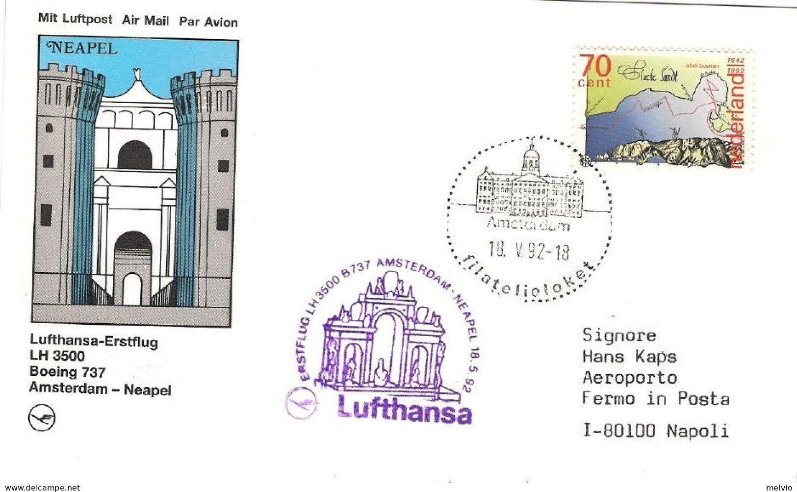 1992-Olanda Cartolina I^volo Lufthansa LH 3500 Amsterdam Napoli Del 18 Maggio - Posta Aerea