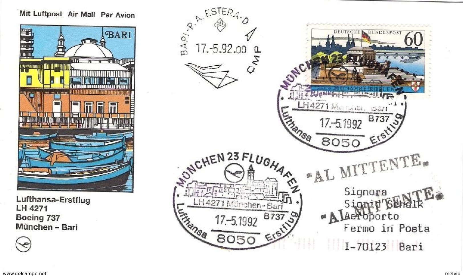 1992-Germania Cartolina I^volo Lufthansa LH 427 1 Monaco Bari Del 17 Maggio - Cartas & Documentos