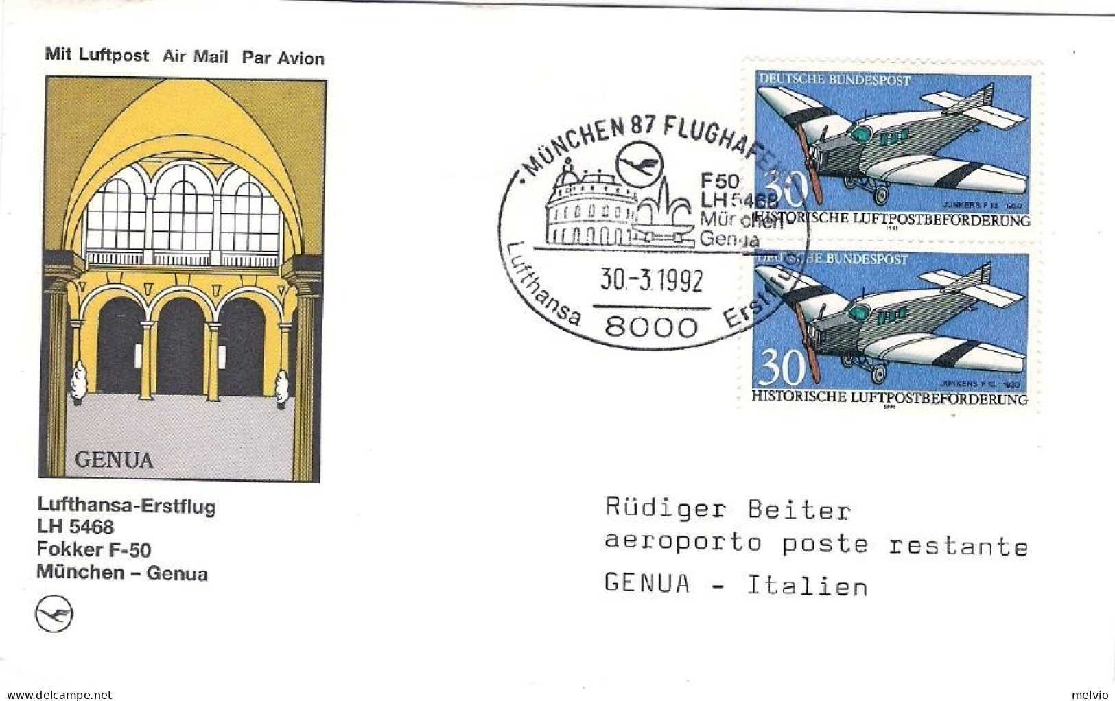 1992-Germania Cartolina I^volo Lufthansa LH 5468 Monaco Genova Del 30 Marzo - Lettres & Documents