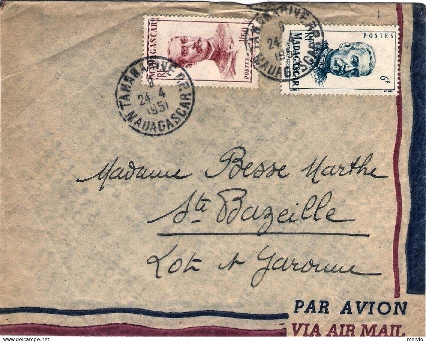 1951-Madagascar Lettera Diretta In Francia Affrancata Con Due Commemorativi - Autres & Non Classés