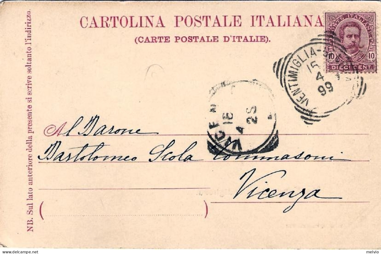 1899-"Bordighera Route Romaine"annullo Tondo Riquadrato Di Ventimiglia - Imperia