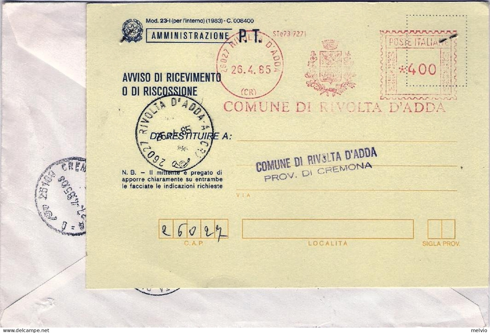 1985-raccomandata Con Affrancatura Meccanica Rossa Del Comune Di Rivolta D'Adda  - Franking Machines (EMA)