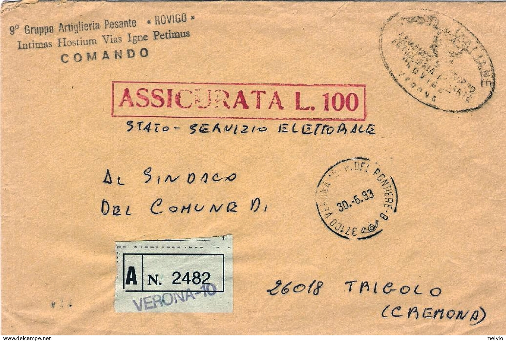 1983-busta Assicurata Per L.100 Del 9^ Gruppo Artiglieria Pesante Rovigo-servizi - 1981-90: Marcophilie