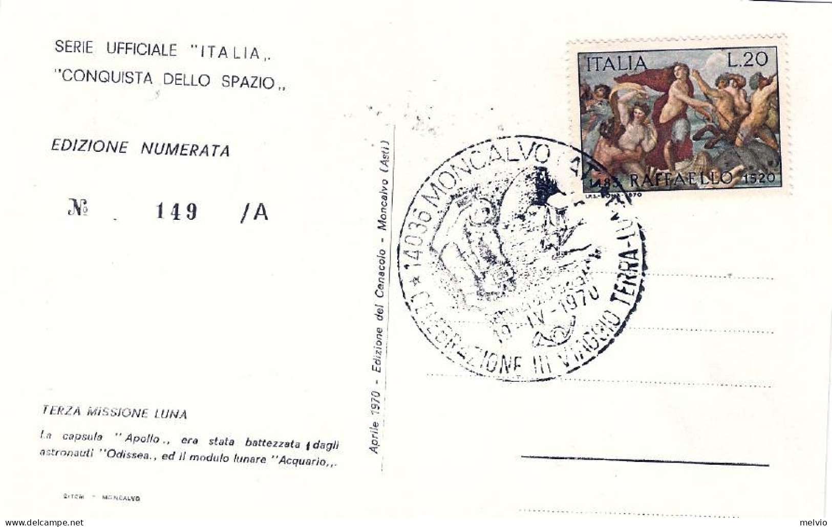 1970-cartolina Illustrata Numerata "conquista Dello Spazio" Annullo Figurato Mon - 1961-70: Poststempel