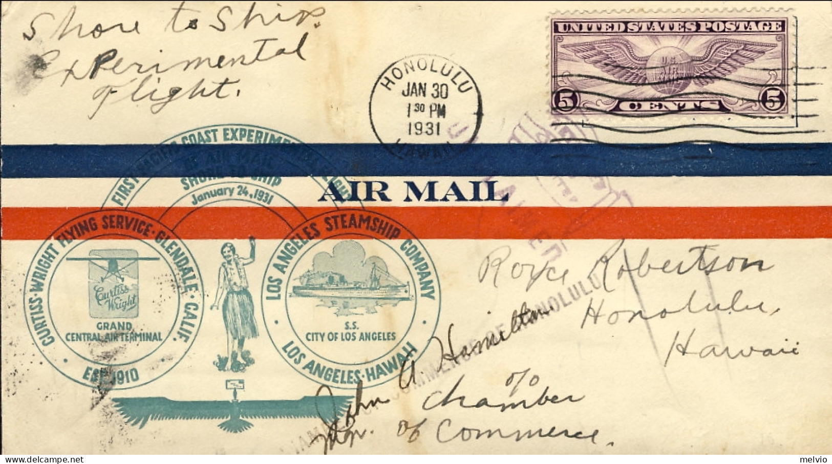 1931-U.S.A. "Hawaii I^volo Sperimentale Posta Aerea Shore To Ship Experimental F - Hawaii