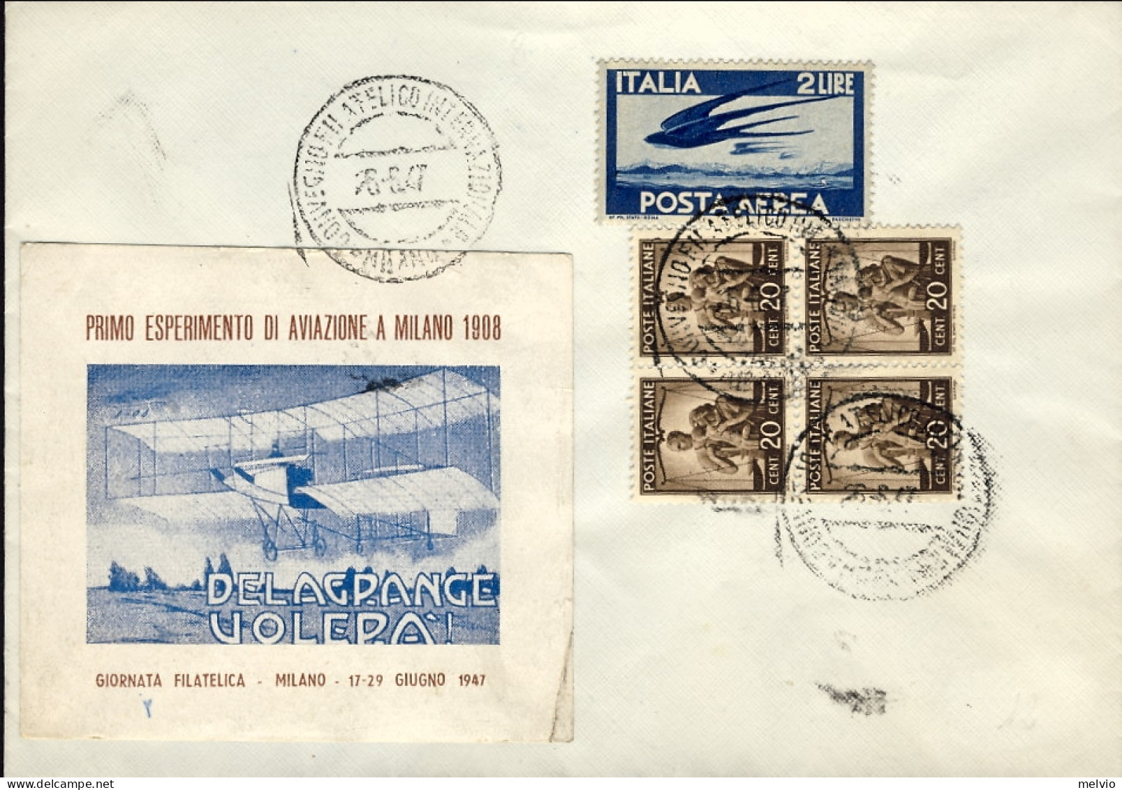 1947-busta Affr. Quartina 20c. Democratica+posta Aerea L.2 Rondini+erinnofilo Pr - Vignetten (Erinnophilie)