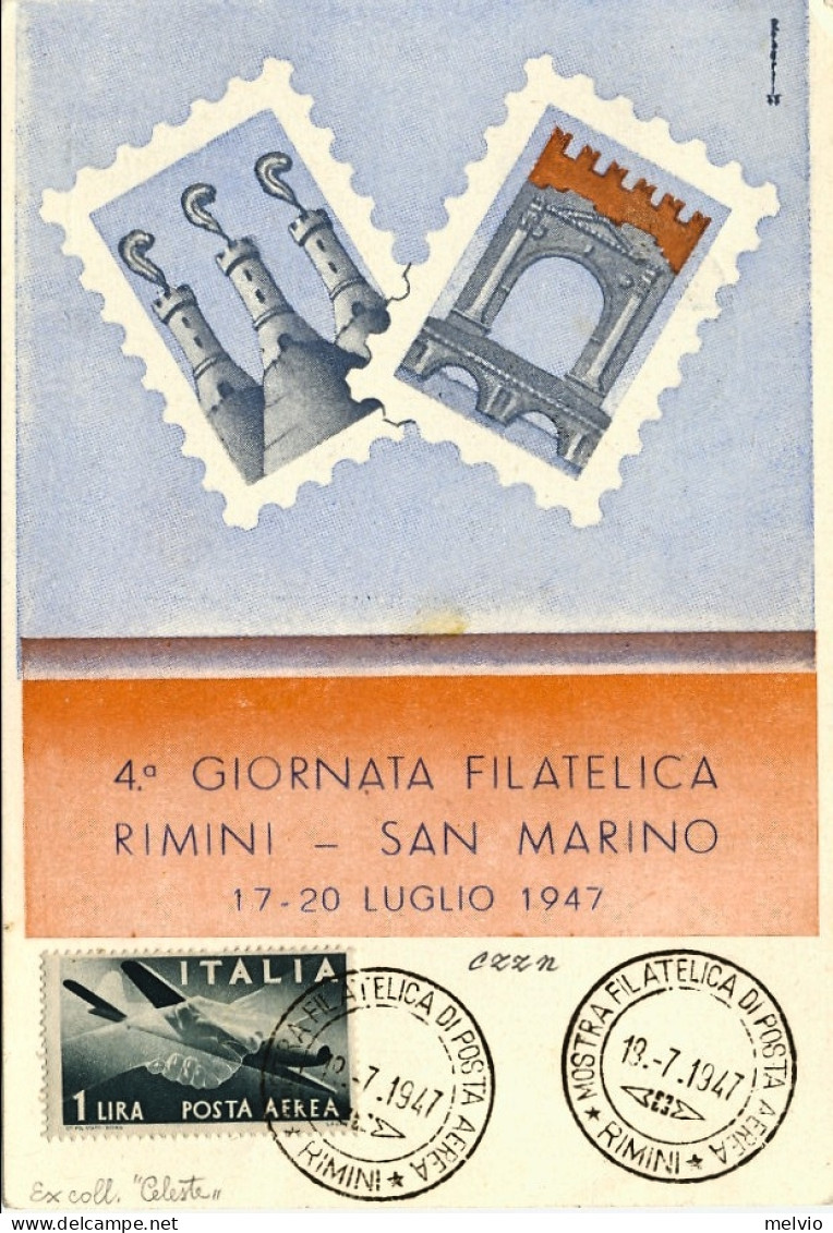 1947-cartolina Illustrata 4 Giornata Filatelica Rimini-San Marino,annullo Mostra - Demonstrationen