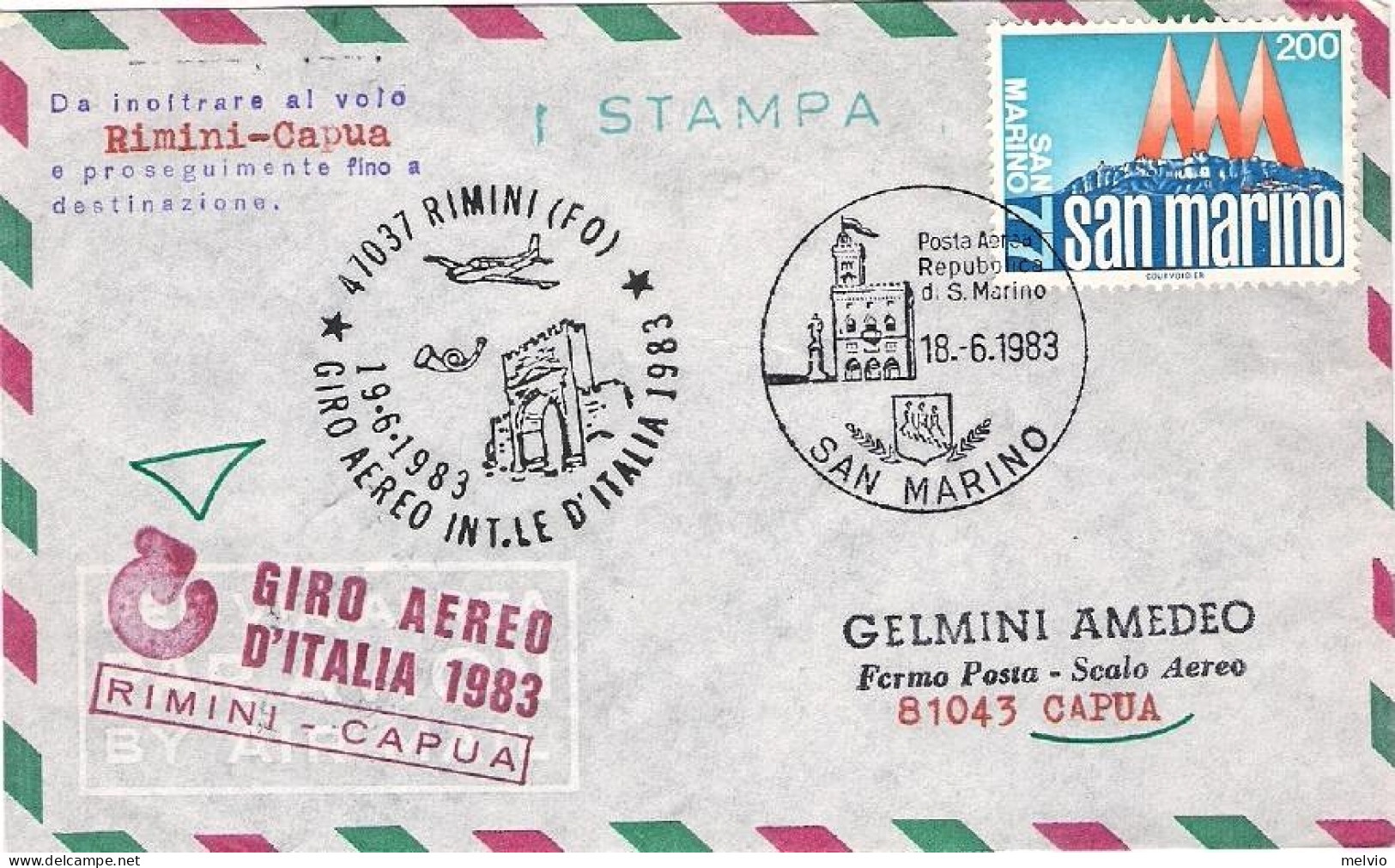 San Marino-1983 Volo Postale Rimini Capua Dispaccio Aereo Straordinario Del 19 G - Corréo Aéreo