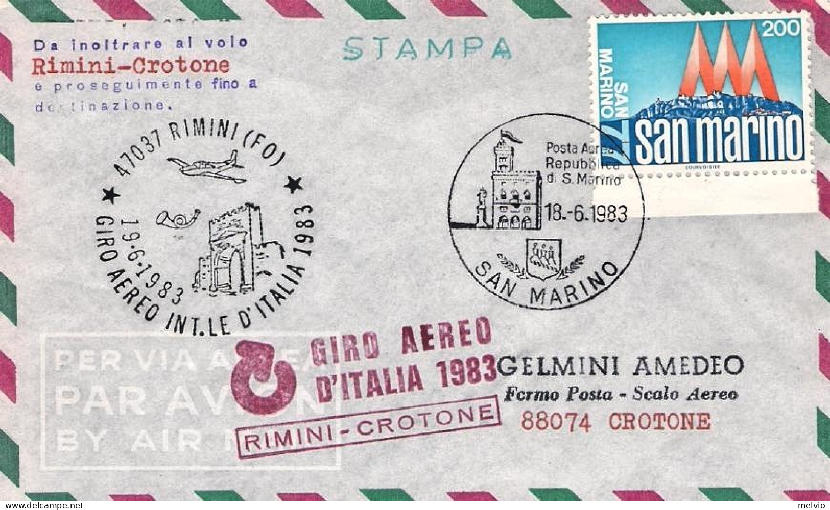 San Marino-1983 Volo Postale Rimini Crotone Dispaccio Aereo Straordinario Del 19 - Corréo Aéreo