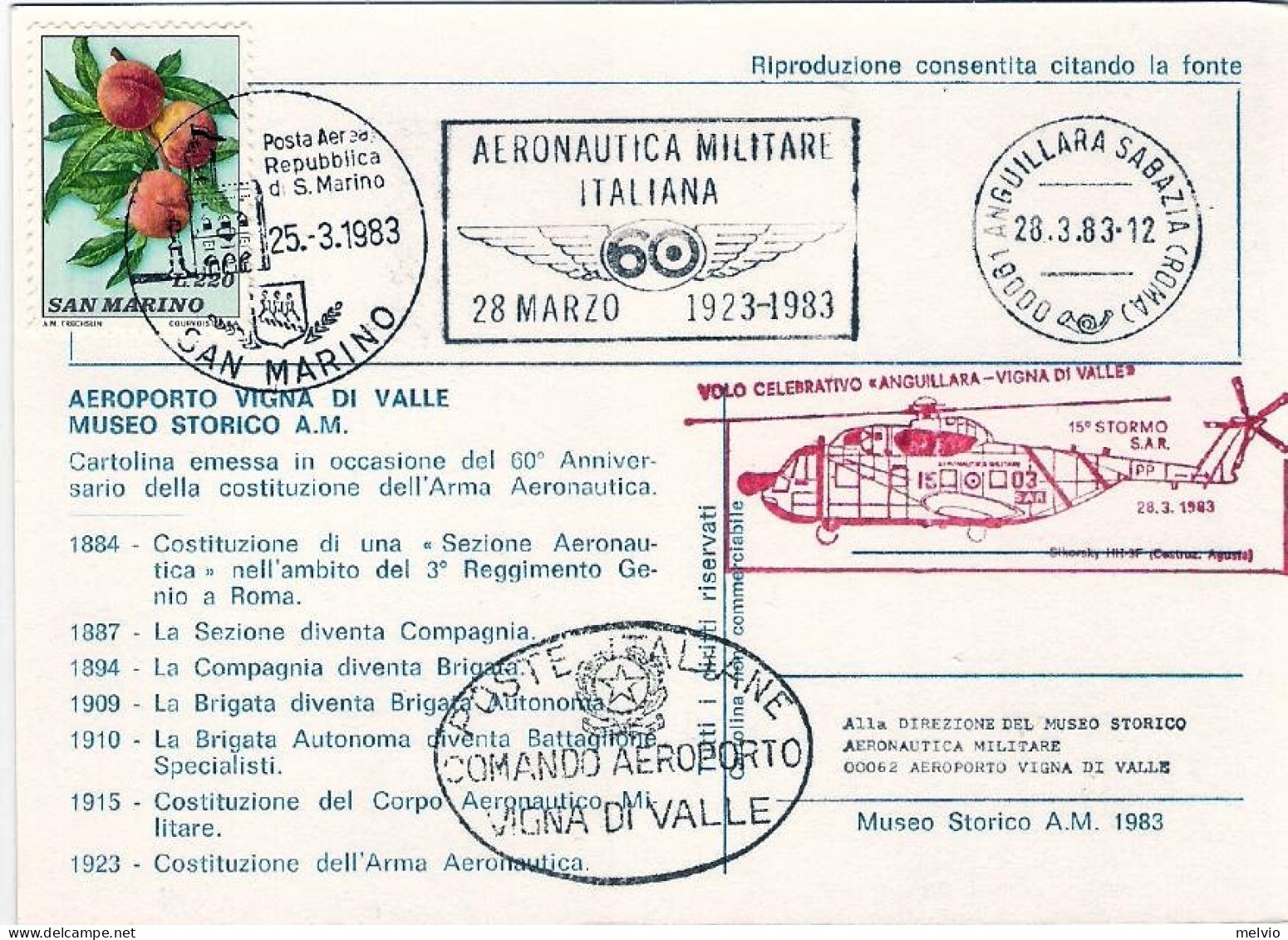 San Marino-1983 Cartolina Commemorativa 60^ Anniversario Fondazione Dell'aeronau - Corréo Aéreo