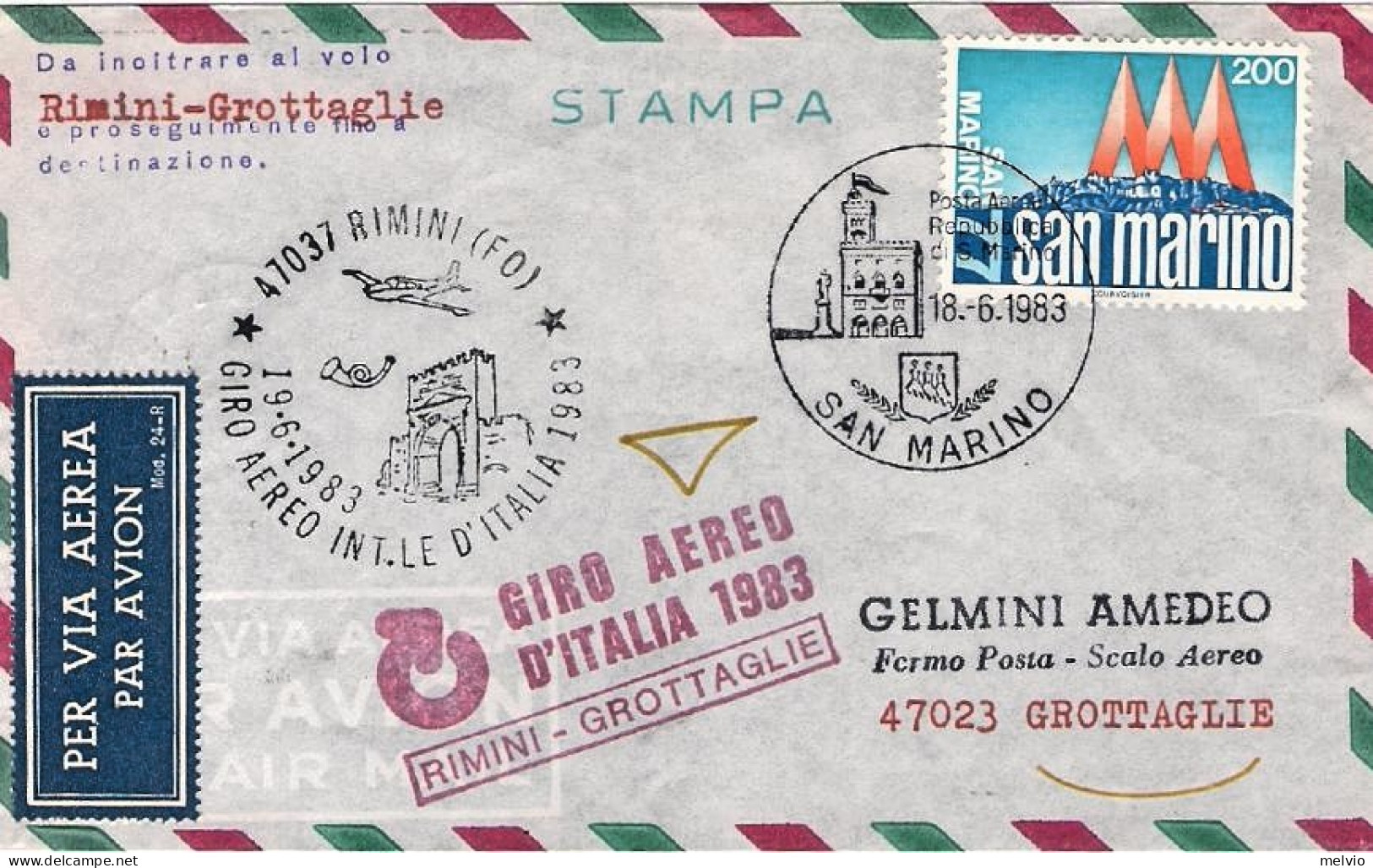 San Marino-1983 Volo Postale Rimini Grottaglie Dispaccio Aereo Straordinario Del - Corréo Aéreo