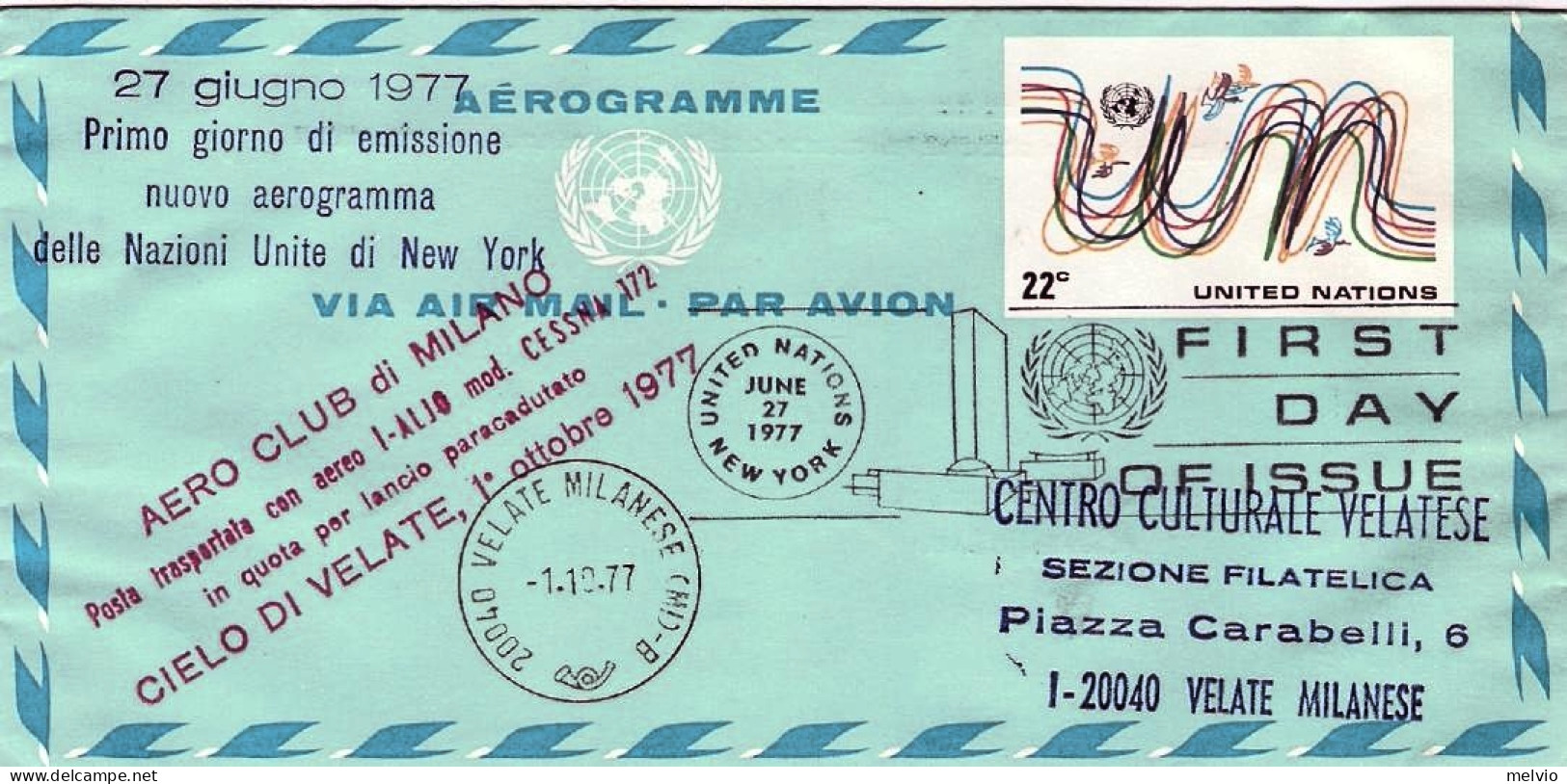 1977-Nazioni Unite Volo Postale Bresso-Velate Bollo Posta Trasportata Con Aereo  - Andere & Zonder Classificatie