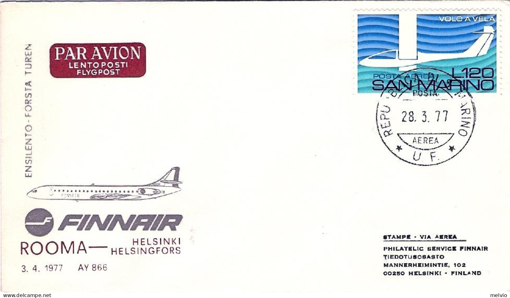 San Marino-1977 Finnair Volo Speciale Roma Helsinki Con AY 866 Del 3 Aprile - Corréo Aéreo