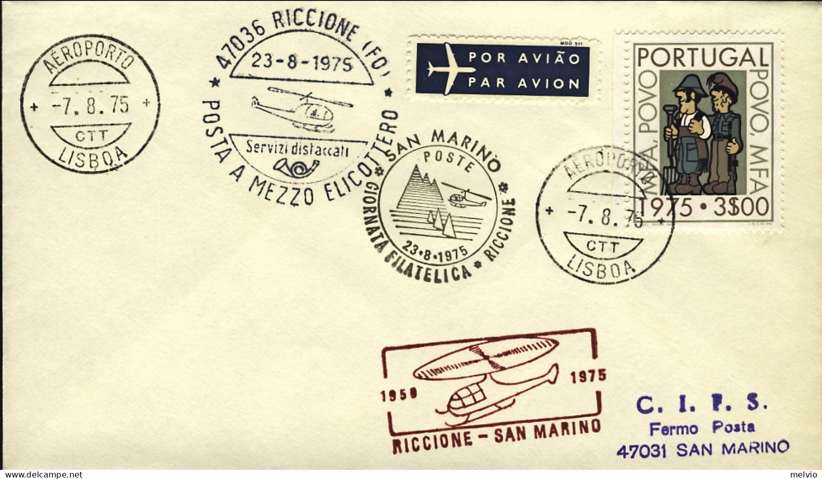1975-Portogallo Giornata Filatelica Riccione Posta A Mezzo Elicottero Riccione S - Briefe U. Dokumente