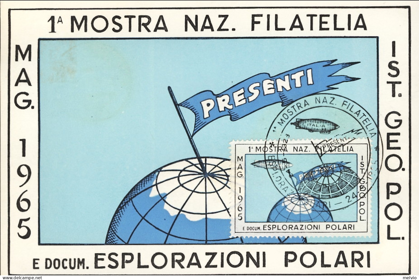 1965-cartolina Illustrata + Erinnofilo Prima Mostra Nazionale Filatelica Ist.Geo - Erinnophilie