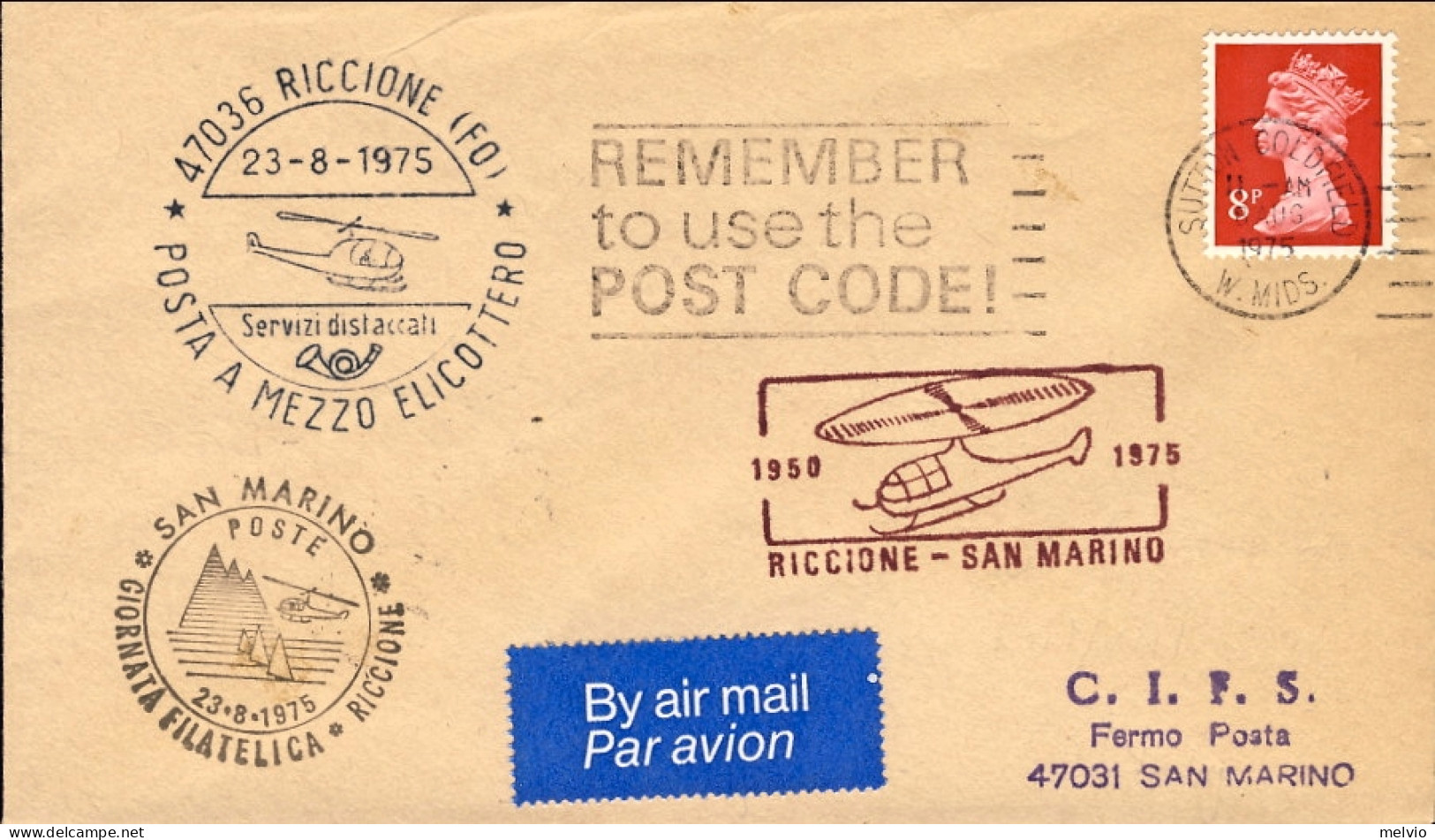 1975-Gran Bretagna Giornata Filatelica Riccione Posta A Mezzo Elicottero Riccion - Covers & Documents