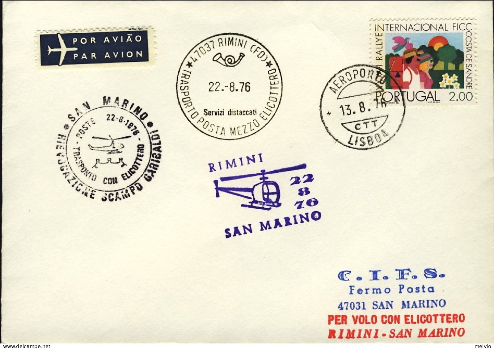 1976-Portogallo "rievocazione Scampo Garibaldi" Trasporto Posta A Mezzo Elicotte - Postmark Collection