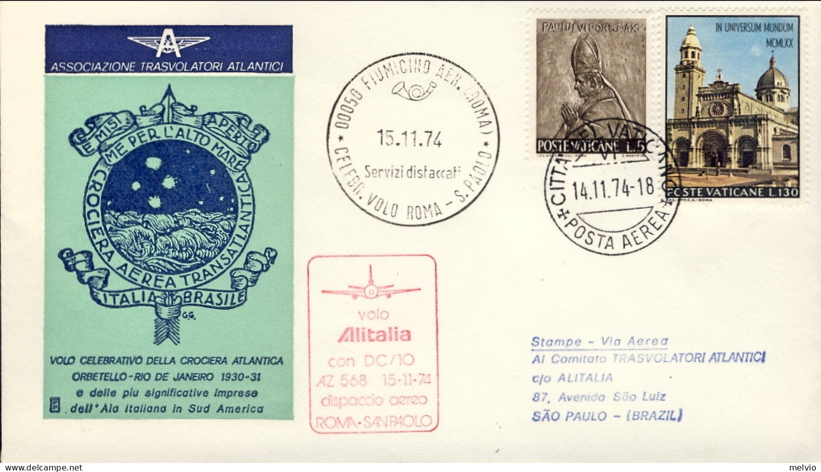 Vaticano-1974 Dell'associazione Trasvolatori Atlantici Dispaccio Aereo Volo Alit - Airmail