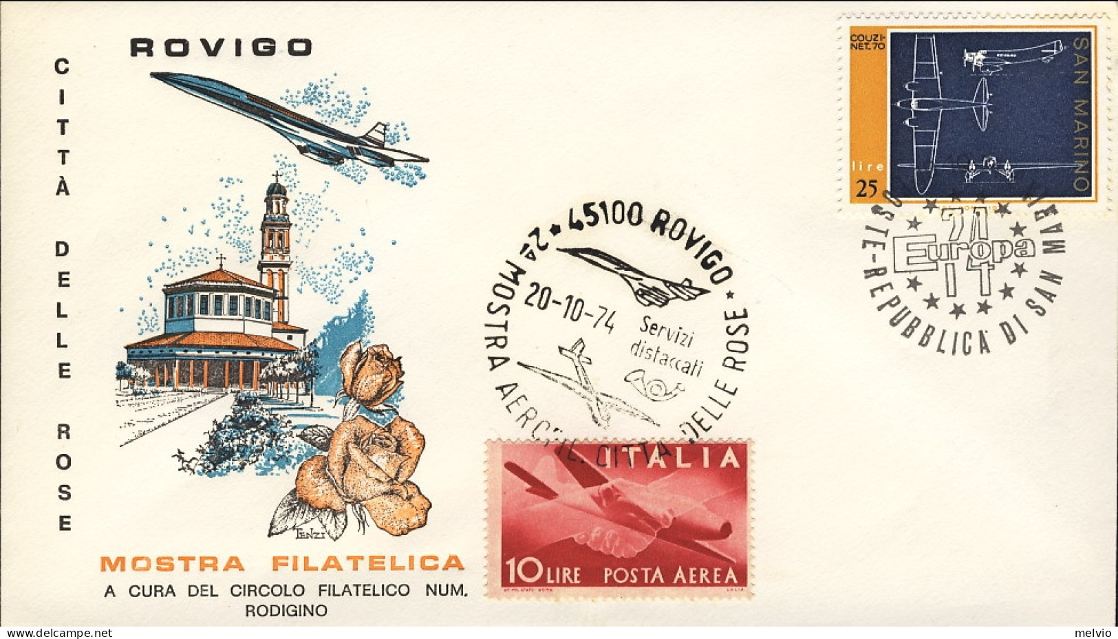 1974-San Marino-2 Mostra Aerofilatelica Citta' Delle Rose Rovigo Annullo Concord - Corréo Aéreo