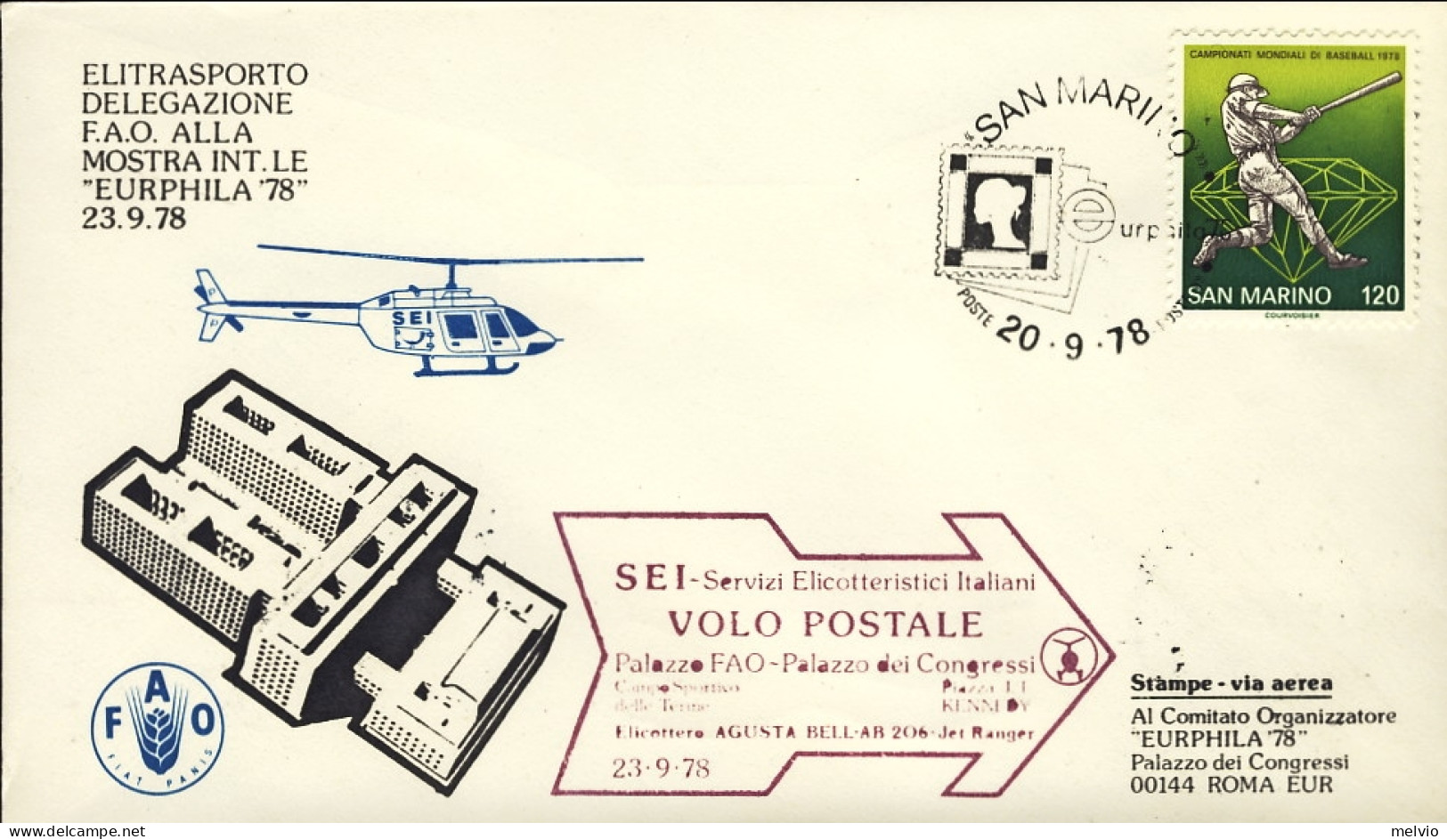 San Marino-1978 Elitrasporto Delegazione FAO Volo Postale Con Elicottero Della S - Corréo Aéreo