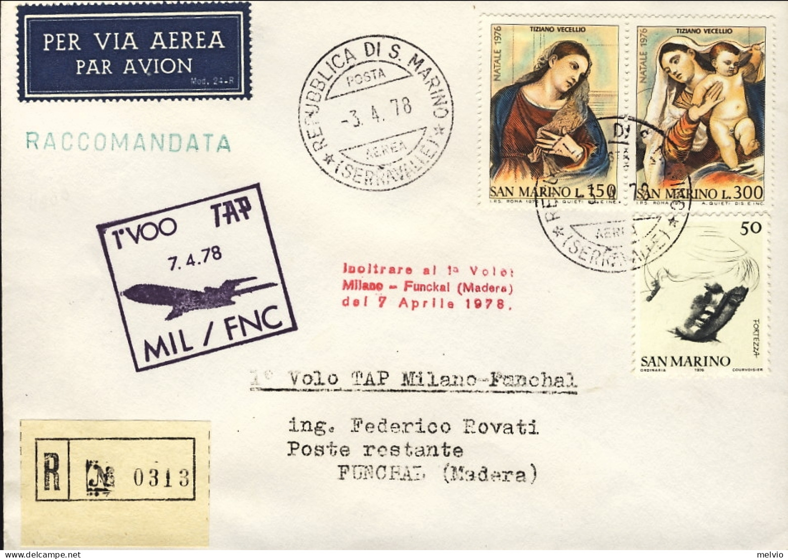 San Marino-1978 Raccomandata I^volo TAP Milano Amsterdam Del 7 Aprile Tratta Mil - Airmail