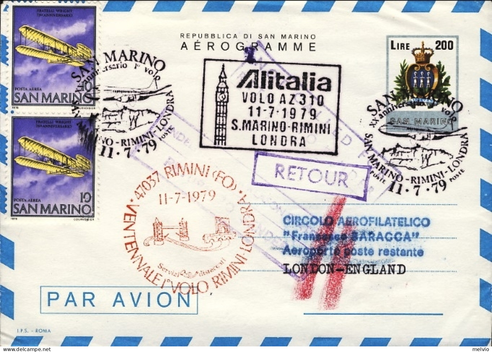 San Marino-1979 Volo Speciale Alitalia AZ 310 Ventennale I^volo Linea Rimini Lon - Corréo Aéreo