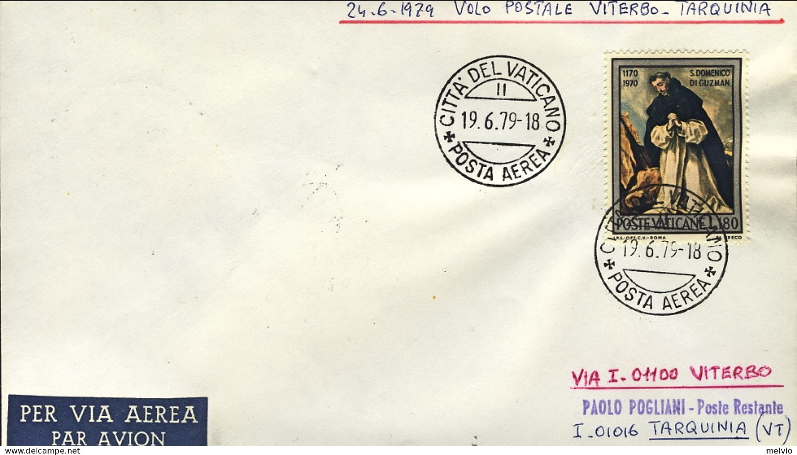 Vaticano-1979  L.200 Con Bollo Volo Postale Viterbo Tarquinia Del 24 Giugno - Airmail