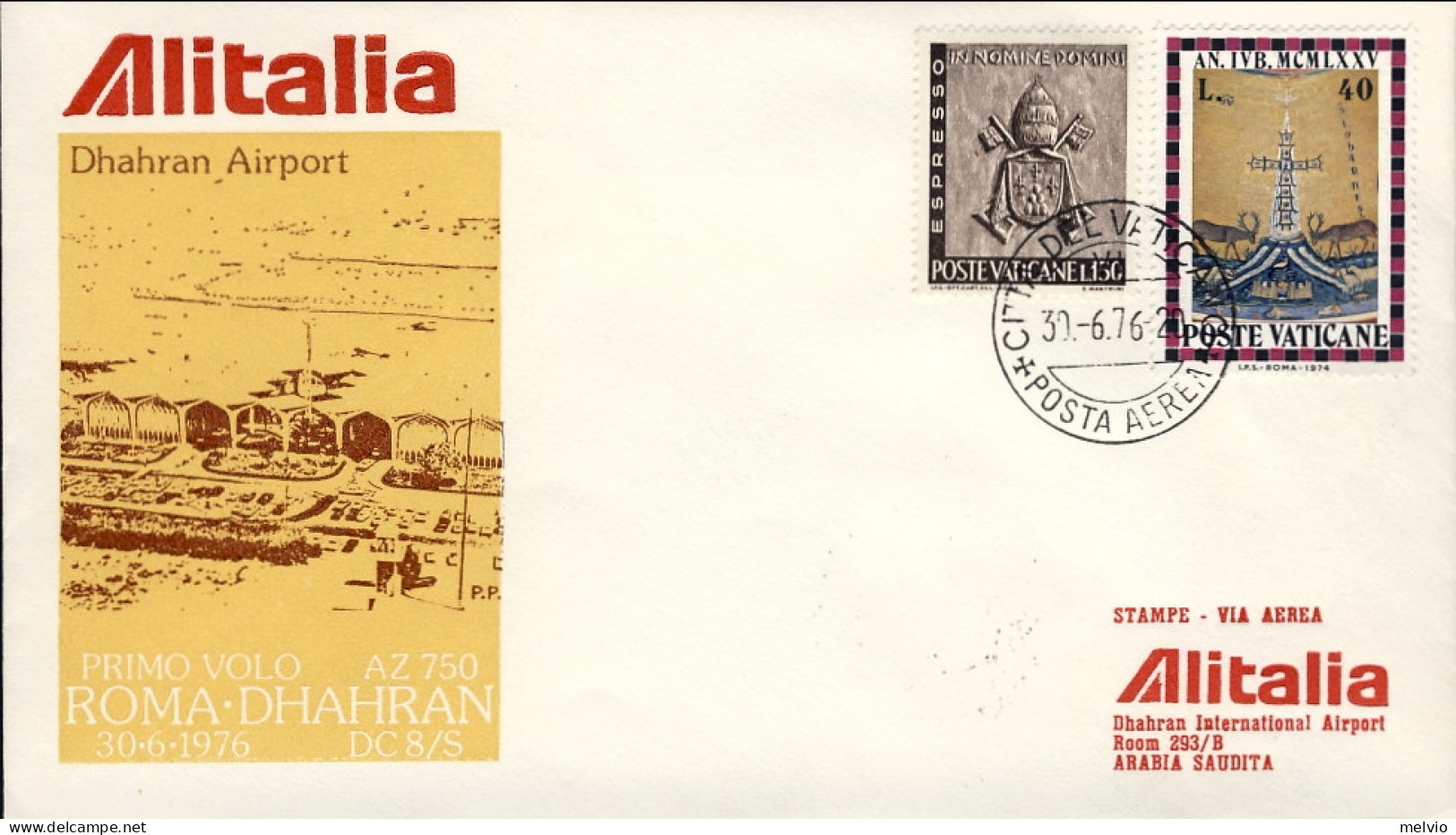 Vaticano-1976 Volo Alitalia Percorso Roma Dhahran Del 30 Giugno - Airmail